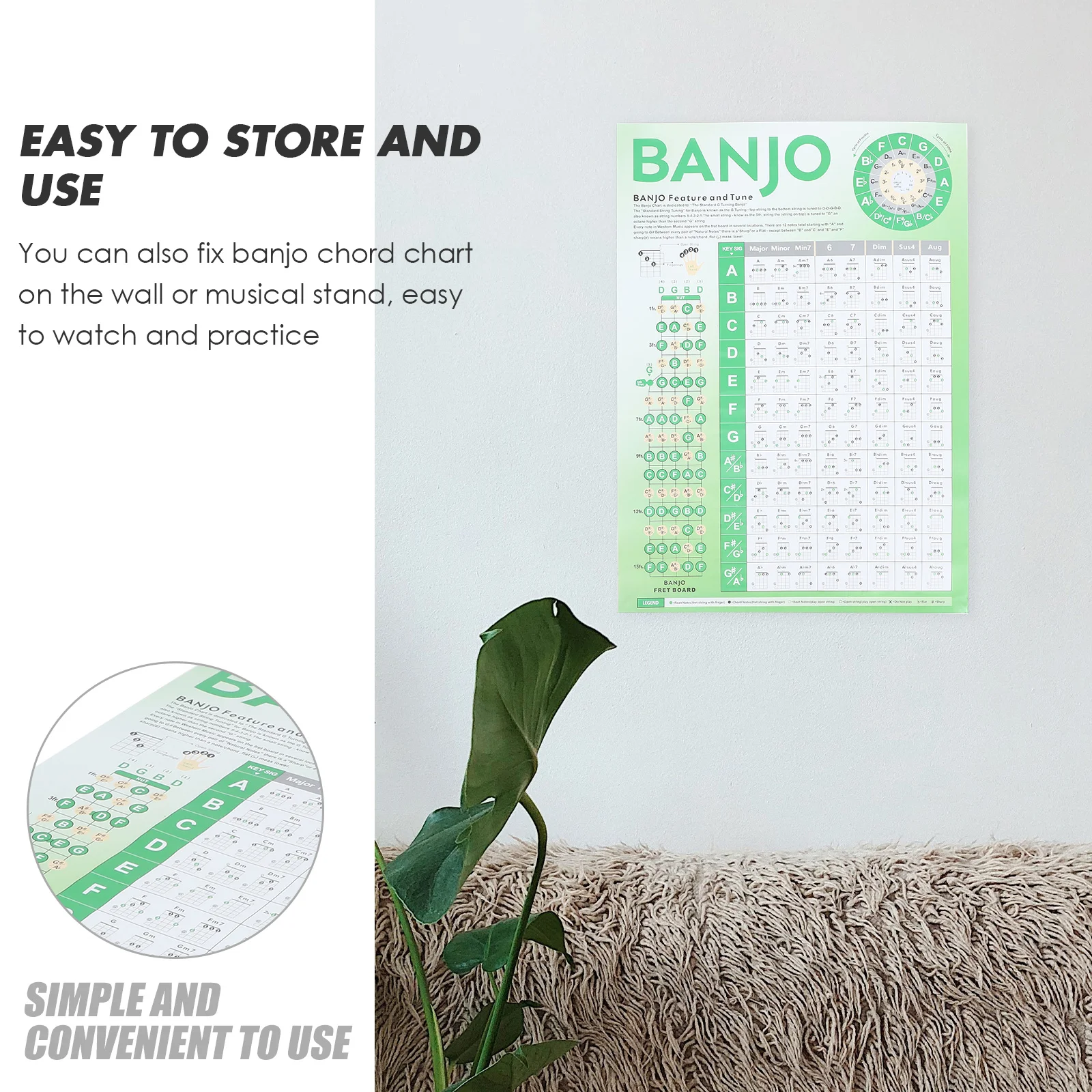 Banjo Chart Paper Chord for Beginner Poster Diagram Learning Green Portable