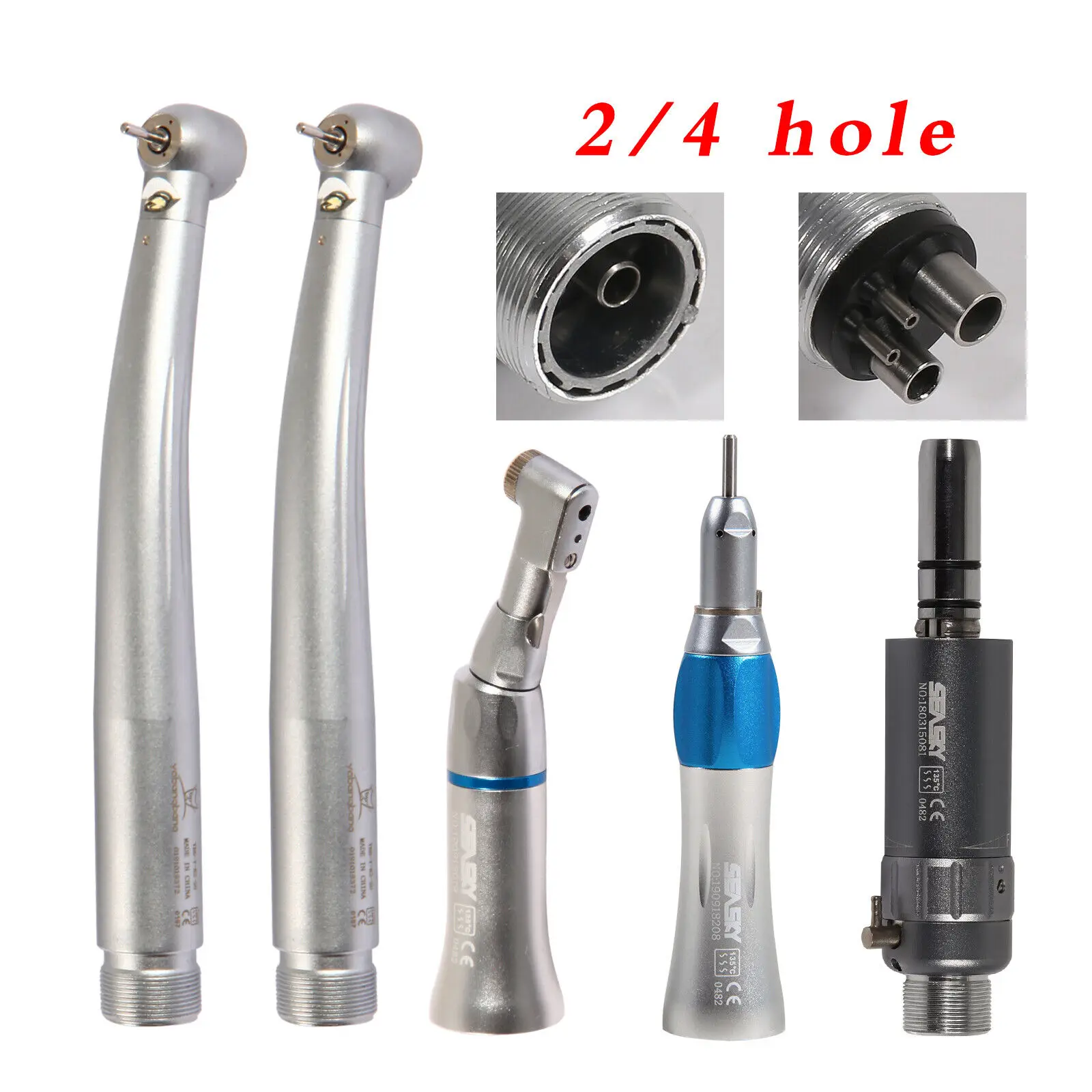 Dental LowSlow Speed Handpiece 2/4Hole Kit Contra Angle & Straight & 2/4H Air Motor &2pcs High Speed LED Fiber Optic Turbine