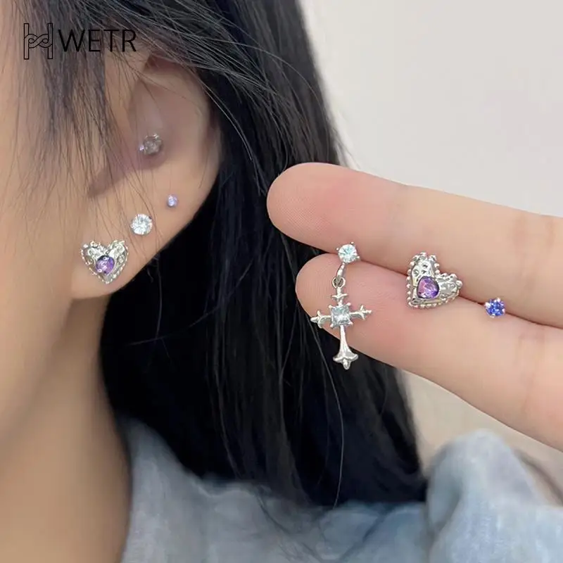 6Pcs/set Fashion Gothic Zircon Crystal Heart Corss Stud Earrings For Women Punk Sweet Cool Party Aesthetic Y2K Jewelry Gift