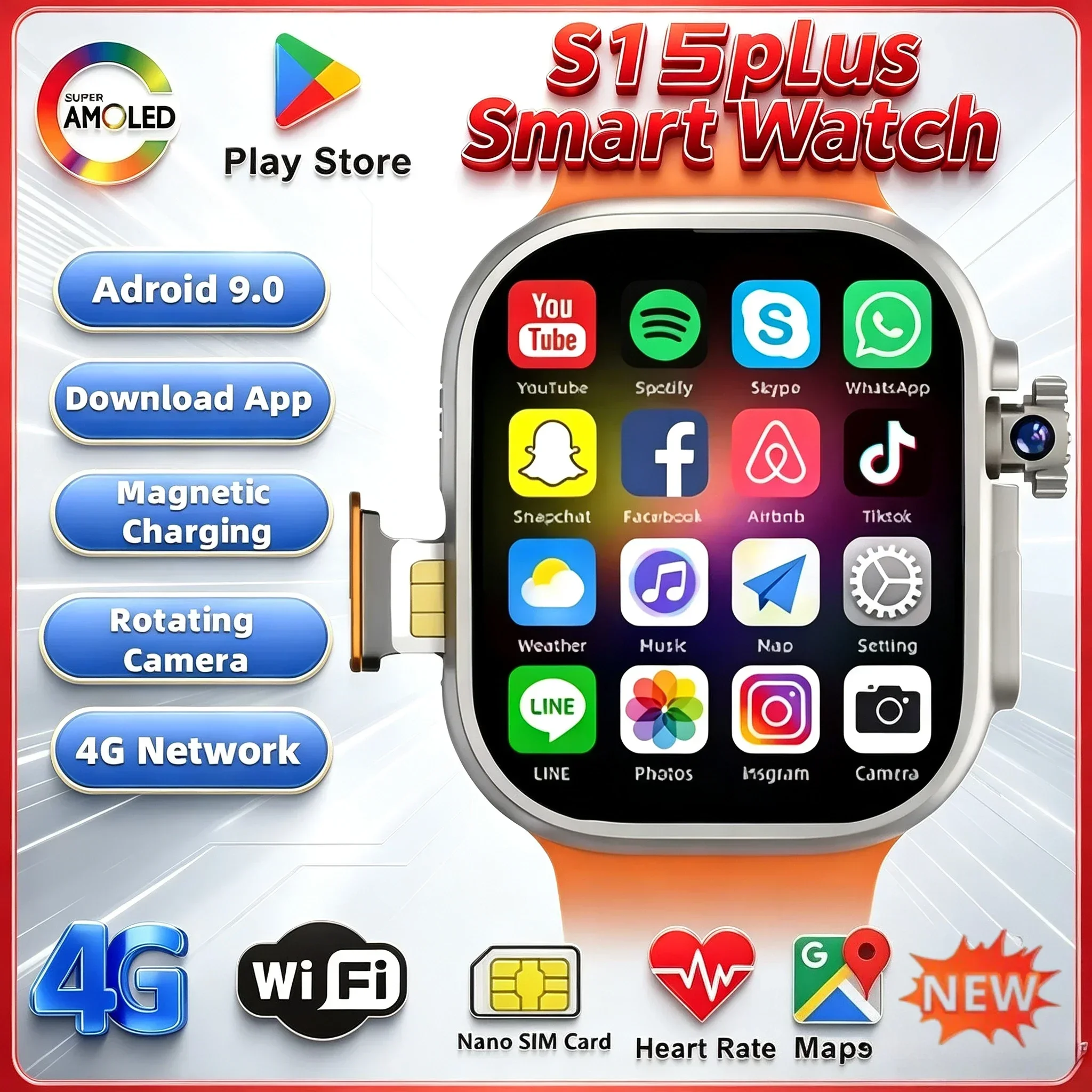 2026 S15PLUS 4G/5G Android Smartwatch, AMOLED Rotary Camera, Video Call GPS WiFi, App Download, With Extra Straps For Men Women