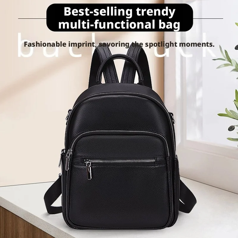 Black Genuine Leather Backpack for Women Anti Theft Shoulder Bag with Front Zipper Pocket and Top Handle for Daily Work Travel