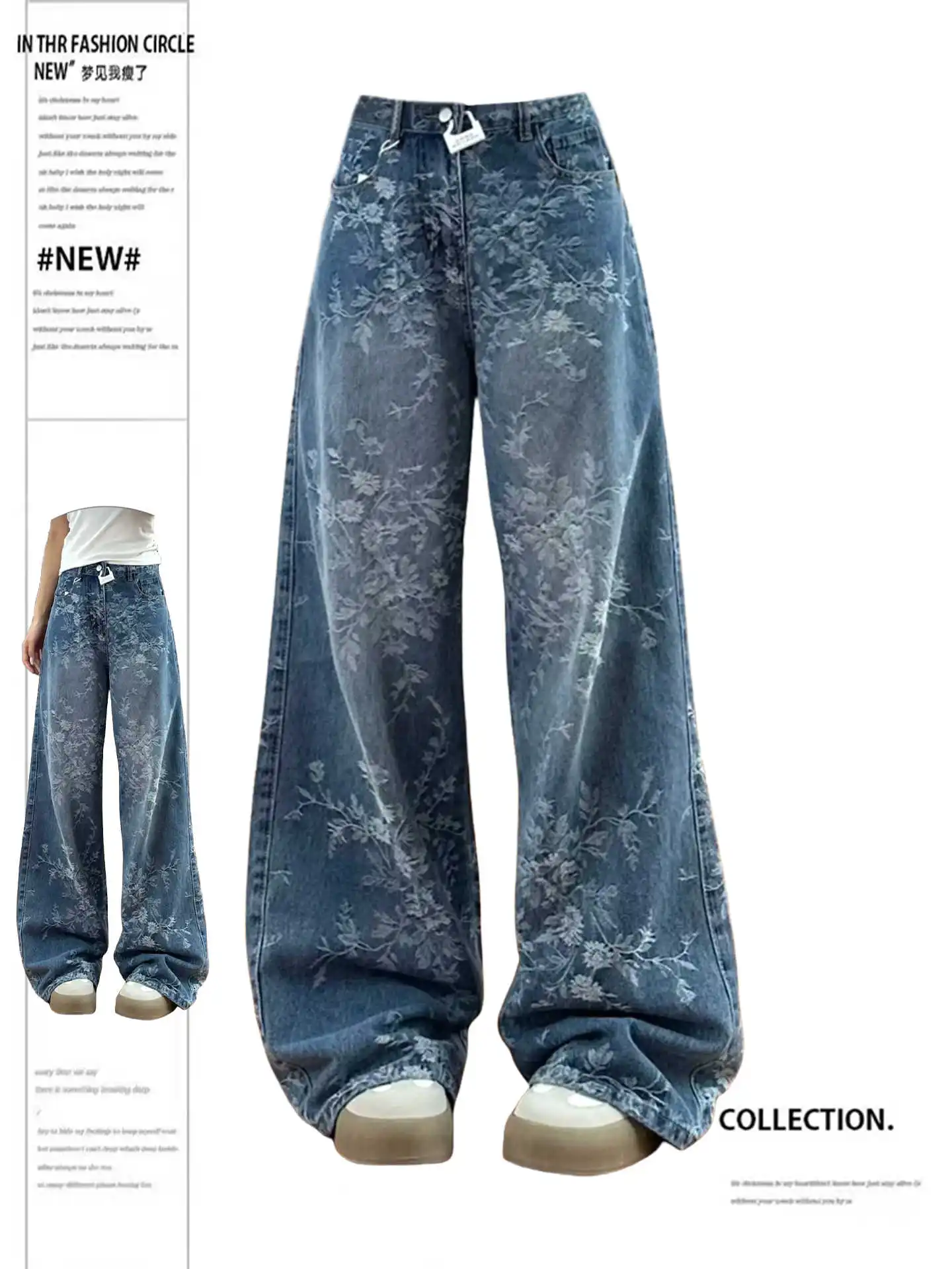 Women's Blue Y2k Baggy Jeans Harajuku 90s Vintage Flower Print Denim Trouser Japanese 2000s Style Fashion Oversize Jeans Pants