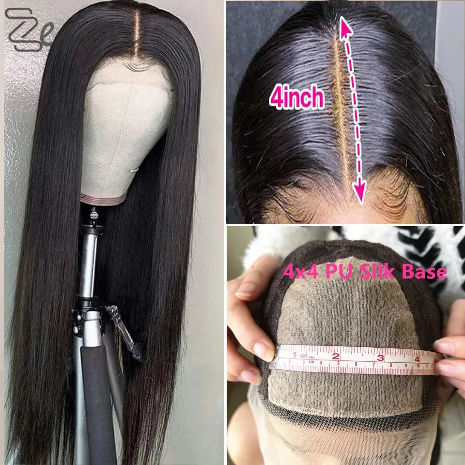 

Natural Black Wig Long Straight 4x4 Silk Base for Women Synthetic Lace Frontal Wig 180% Density African American Hair