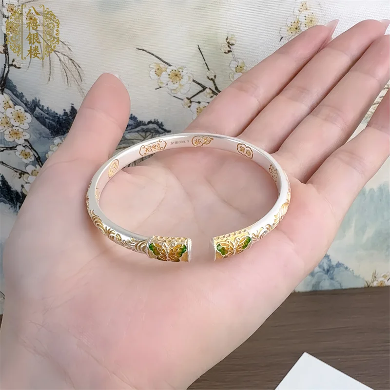 999 غرامة الفضة الإسورة للنساء المينا فراشة و تانغ العشب نمط النيو الصينية نمط الذهب تتبع المفتوحة الكفة هدية مجوهرات #1