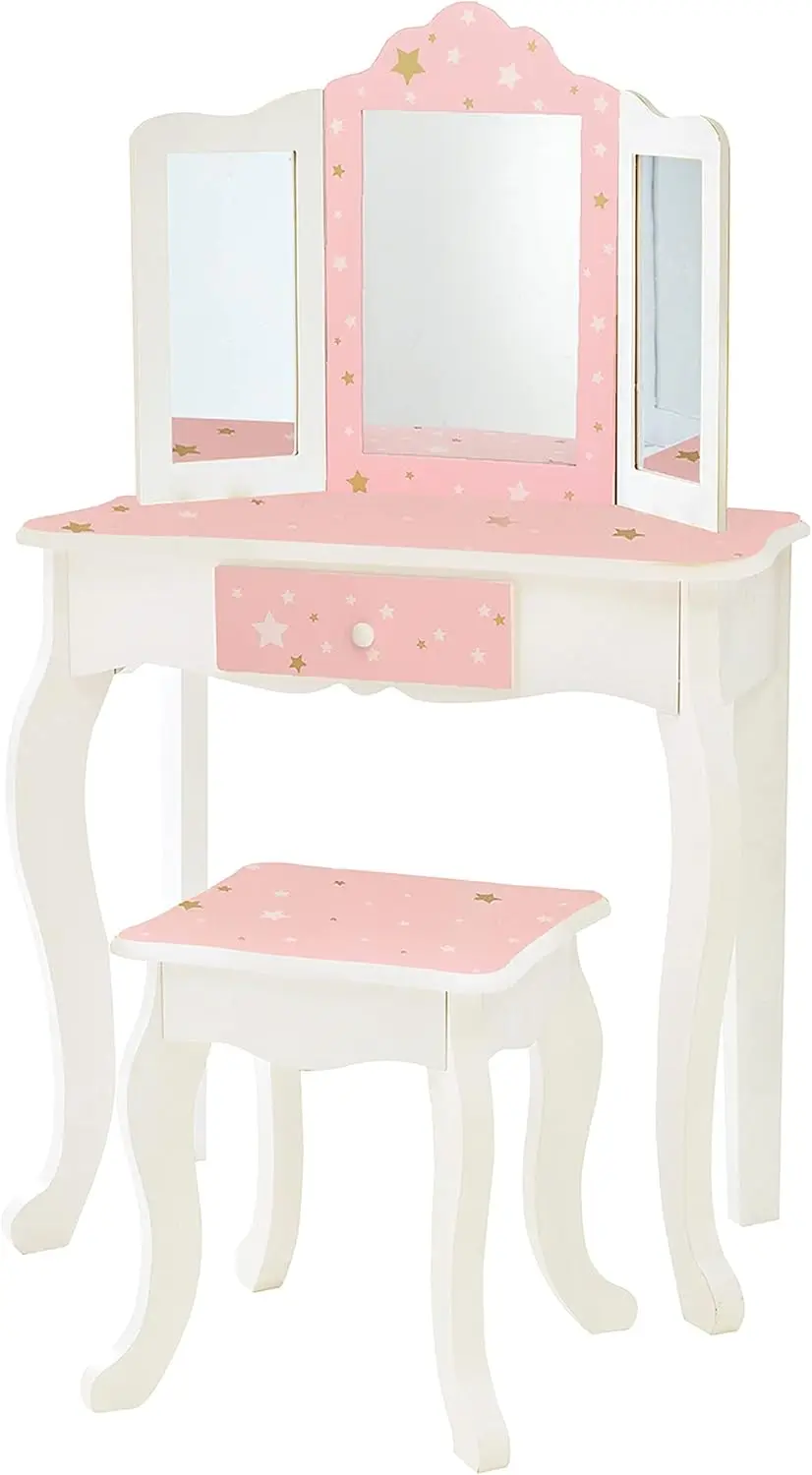 Kids Wooden Play Vanity Set with Table, Mirror, Drawer & Stool in White Pink Gold Star Design