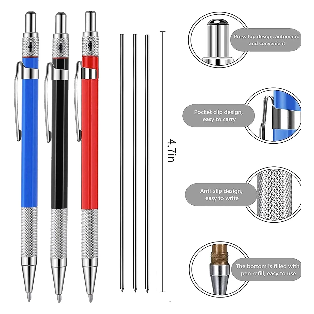 3 Silver Stripe Welder Pencils with 36 2.0Mm Round Refills Pencils with Woodworking Pencil Marker Marking Tool