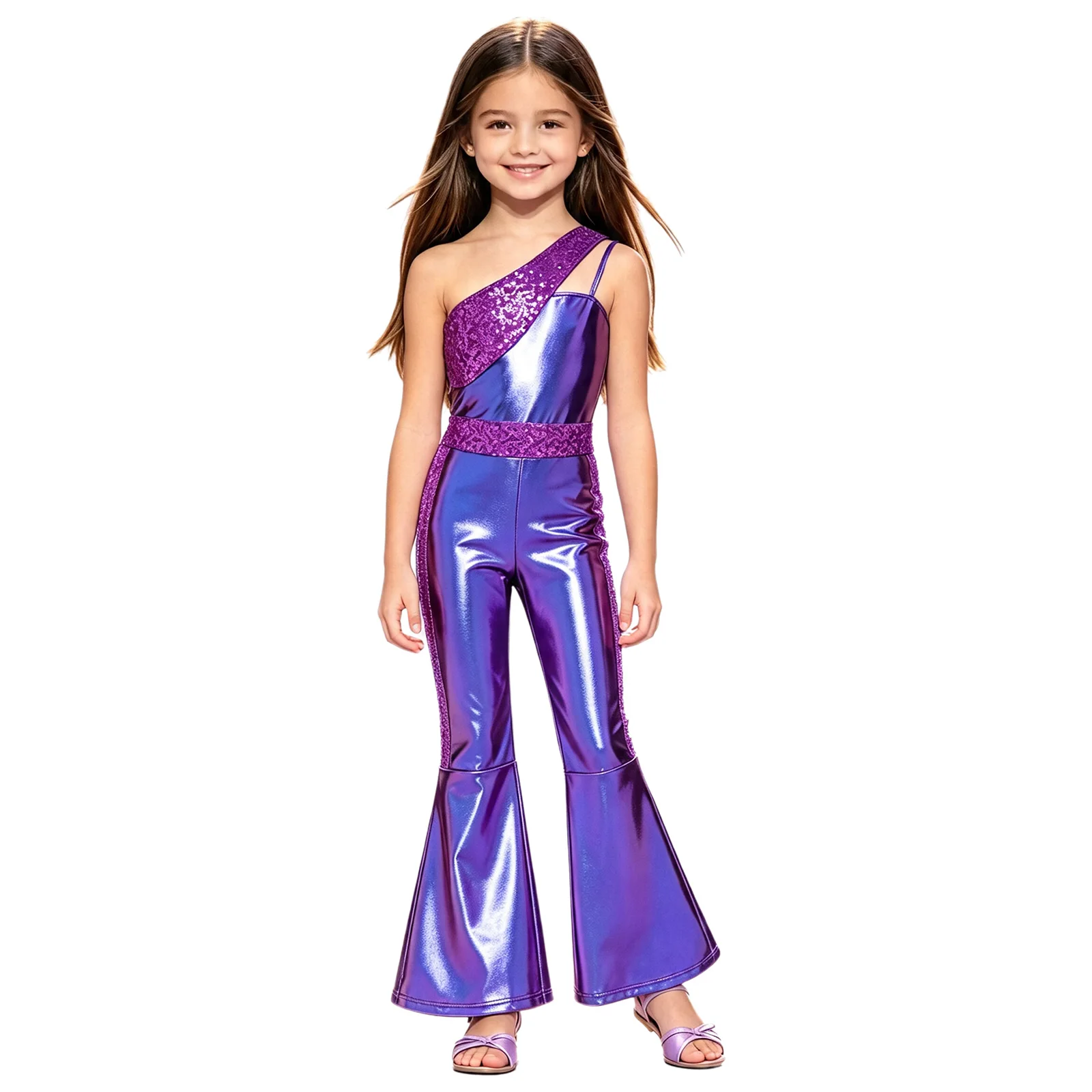Kids Girls Metallic Shiny Party Rompers Disco Costume Sequins Details One Shoulder Sleeveless Bell Bottom Asymmetrical Jumpsuit