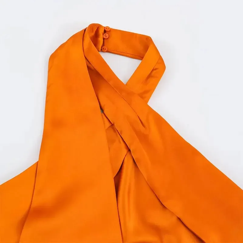 2026 Summer Women Halter Neck Midi Dress Satin Texture Tie Back Sleeveless Elegant Flowy Comfortable To Wear Date Outfit view 5
