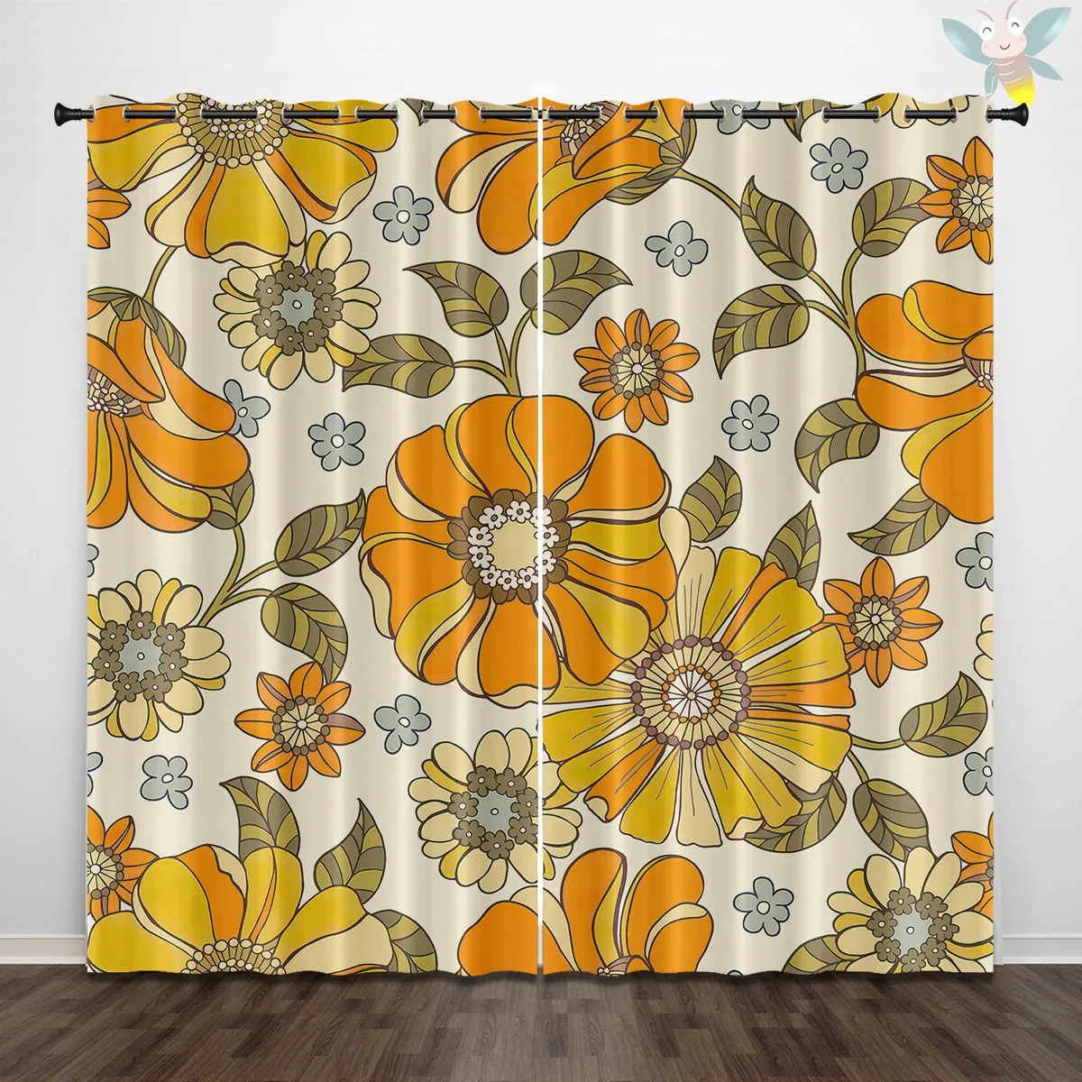 Vintage Floral Yellow Flower Curtains with Green Leaves，70s Psychedelic Daisy Design Blackout Curtains for Bedroom 2 Panels Set