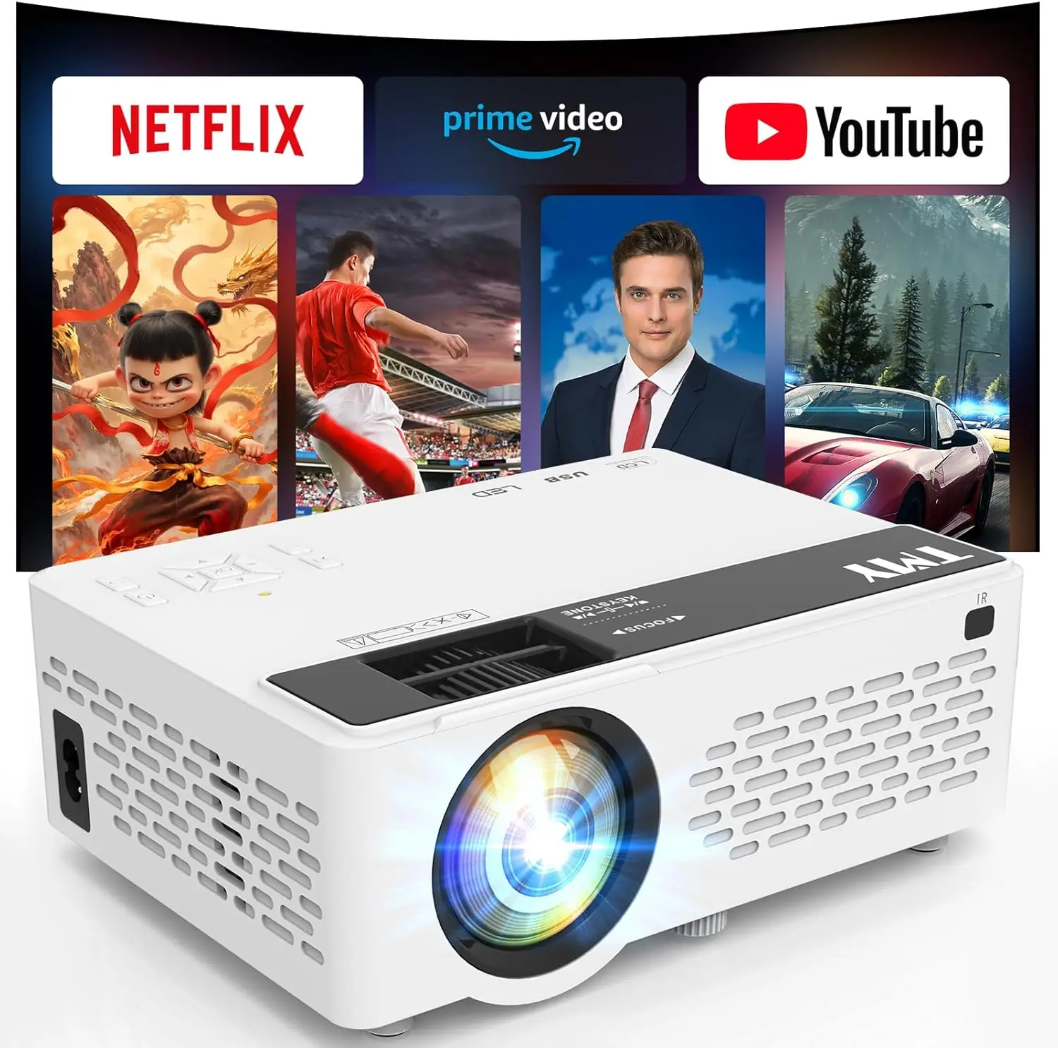 

1080P Full HD Portable Mini Projector, Bluetooth Movie Projector, Compatible with TV Stick/Smartphone/PC/Game Console/HDMI/USB,