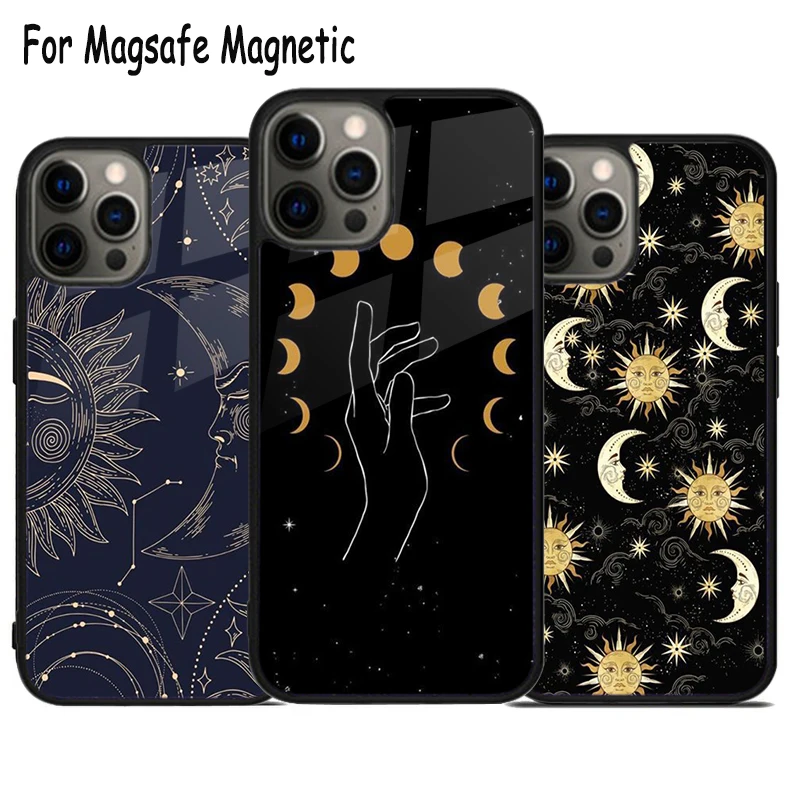 Crescent Moon Tarot Stars Sun Wireless Charge Magsafe Phone Case For iPhone 15 16 14 13 11 12 Pro Max Plus Magnetic Bumper Cover