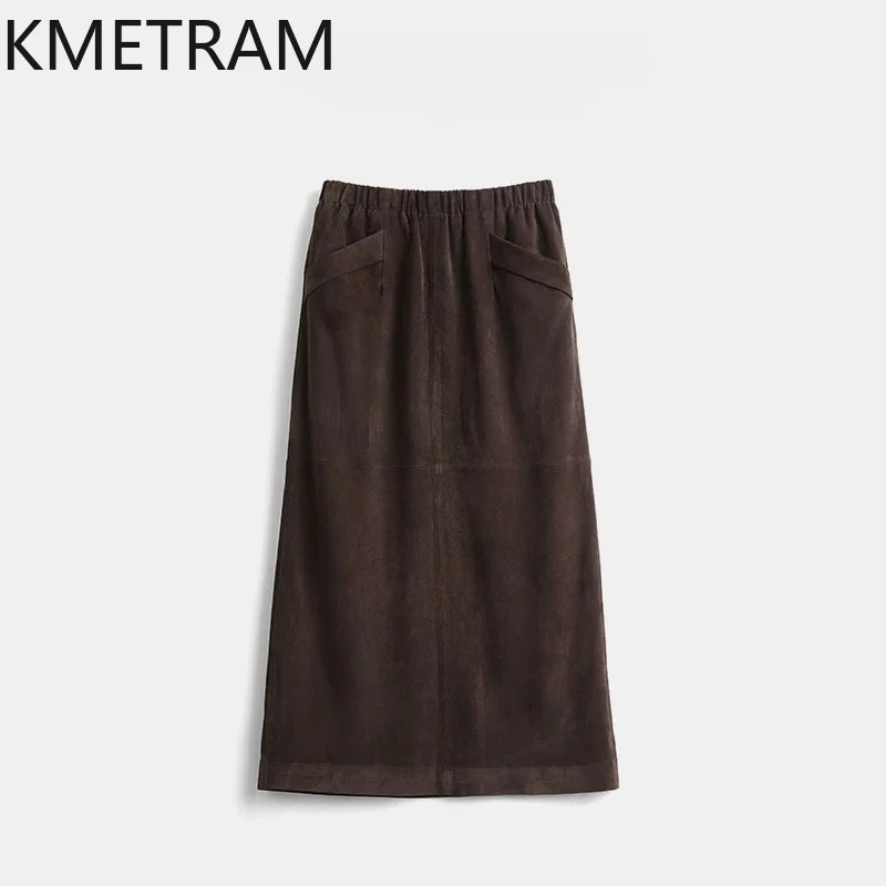 KMETRAM Waxed Goatskin Genuine Leather Skirt Slim Wrap Hip A Line Women's Skirts High Waist Midi Skirts for Woman 79cm Юбка 2026