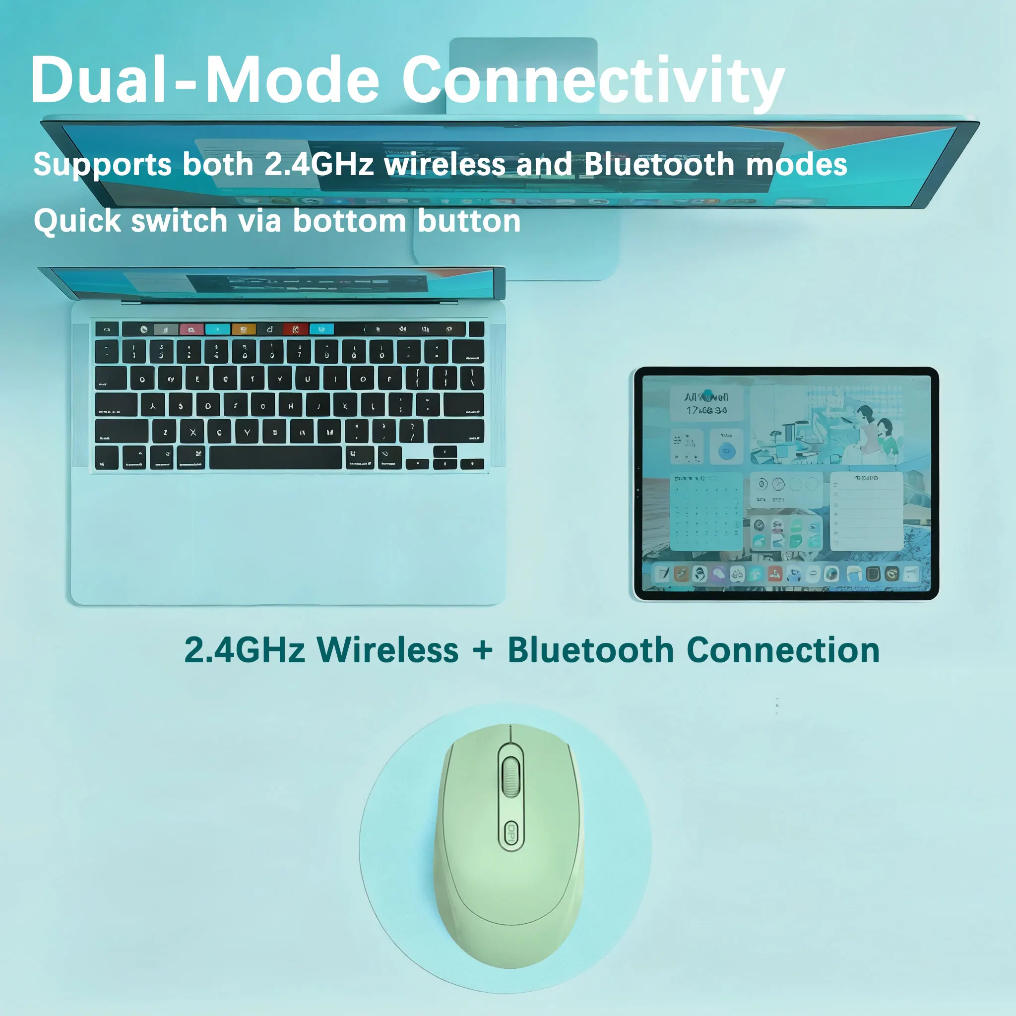 ماوس لاسلكي متوافق مع تقنية البلوتوث - وضع مزدوج 2.4 جيجا هرتز، 3 نقاط لكل بوصة قابلة للتعديل، ماوس صامت لأجهزة الكمبيوتر المحمول وأجهزة Macbook Tablet Office Gamer