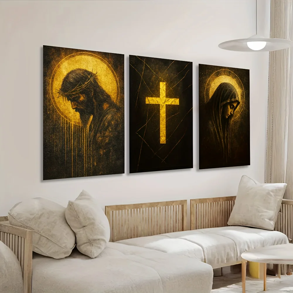 3pcs Religious Canvas Wall Art Set Jesus and Virgin Mary with Golden Cross Design Home Office  Church Decor Indoor Mural Decor