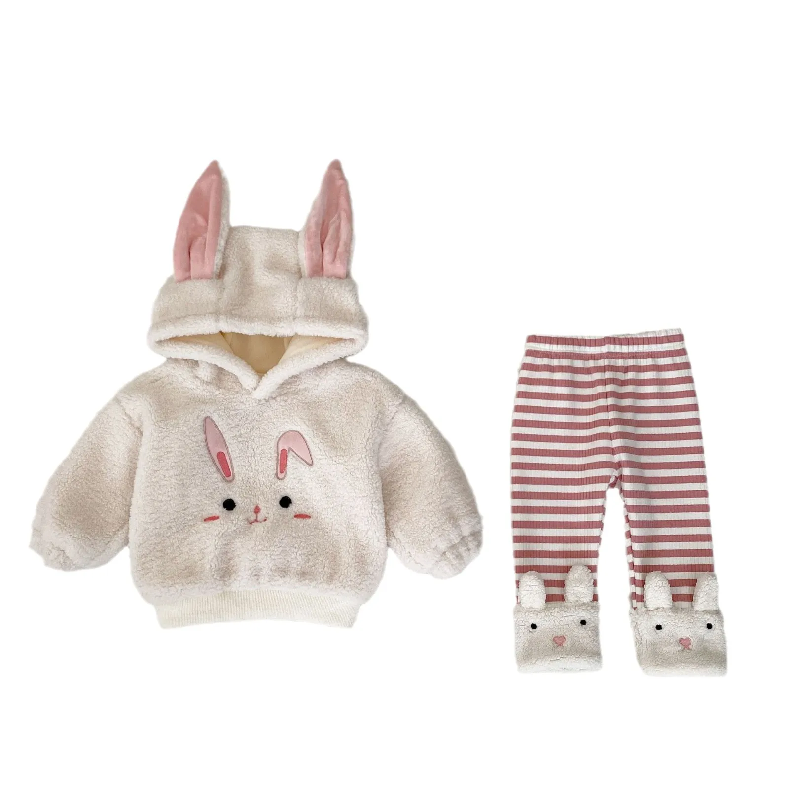 Ins 2024 Winter Baby Girls 2PCS Clothes Set Plus Velvet Cartoon Hoodies Striped Fleece Pants Suit Toddler Girls Tracksuit