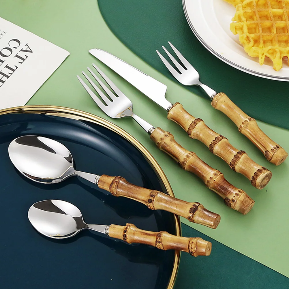 

304 Stainless Steel Cutlery Set Bamboo H Fork Spoon Kit Western Dinnerware Kitchen Essentials Reusable Tableware