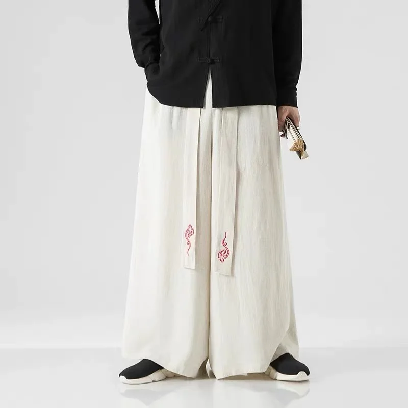 Men Cotton Linen Cloud Embroidery Skirt Pants Male Ribbon Chinese Vintage Ethnic Style Trouser Senior Quality Oversize Pantalone