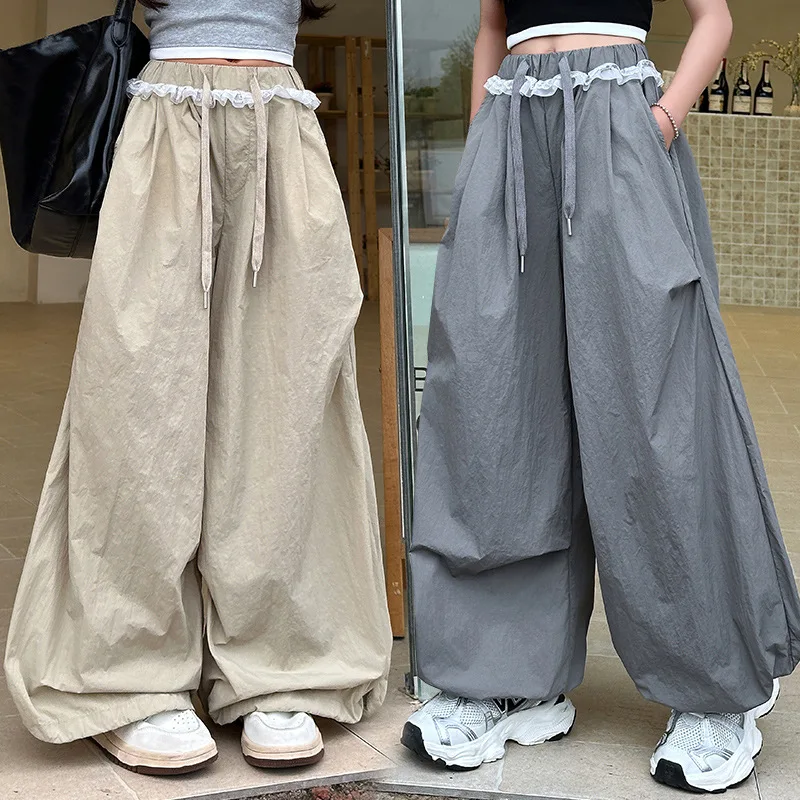 Loose Cute Tweens Girls Cargo Pants with Lace Kids Streetwear Baggy Pants Teens Children's Hiphop Straight Trousers Sweatpants