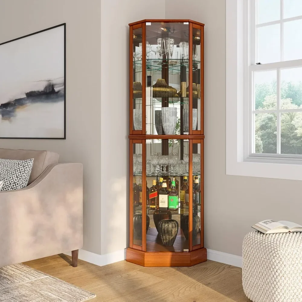 Lighted Curio Cabinet Corner Display Case for Living Room, China Hutch with Tempered Glass Doors and Shelves, Wooden Acc