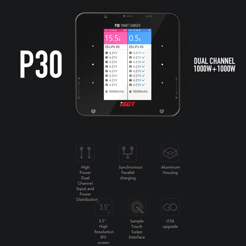ISDT P30 Charger 2-8S Lipo LiFe Battery Dual Balance Charger Signal Channel MAX 1000W 30A for RC Car Airplane Racing