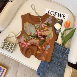 Summer Printed Slim Knit Sweater Vests Women Crop Tops Fashion Sexy Streetwear Ladies Tees Sleeveless O-neck Vest Knitwear 2024