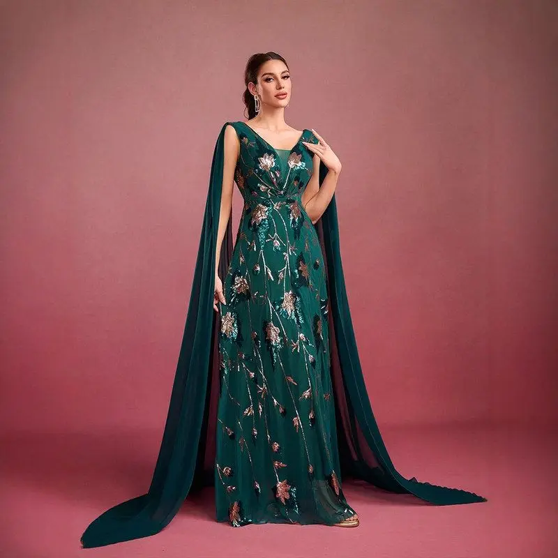

Длинное вечернее платье с V-образным вырезом, вышивкой, приталенное, сексуальное, расшитое бисером, для женщин, из полиэстера и шелка.