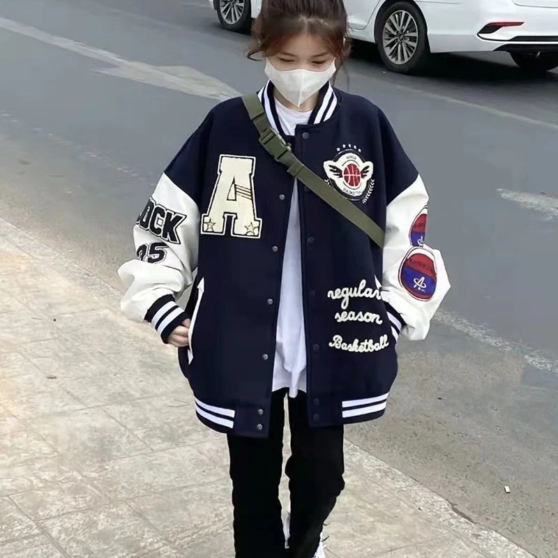 

2025 New Design Loose Fit Vintage Baseball Jacket with Embroidered Letters Korean Style Student Jacket for Women