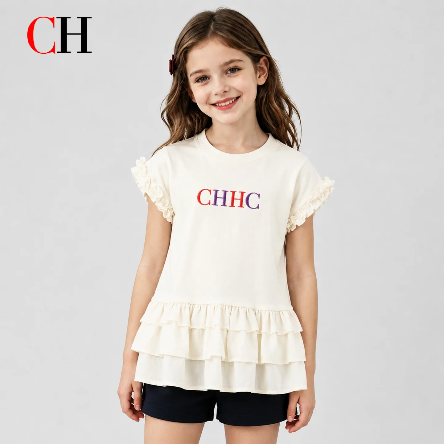 CH Kids Solid Cream Short Sleeve Blouse Signature CHHC Embroidery Multi Layer Flounce Hem Weekend Casual Outfit