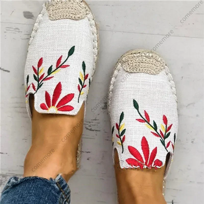 Women’s Slip on Casual Canvas Shoes Ladies Breathable Female Mules Comfort Outdoor Footwear Embroider Hemp Flat Slippers