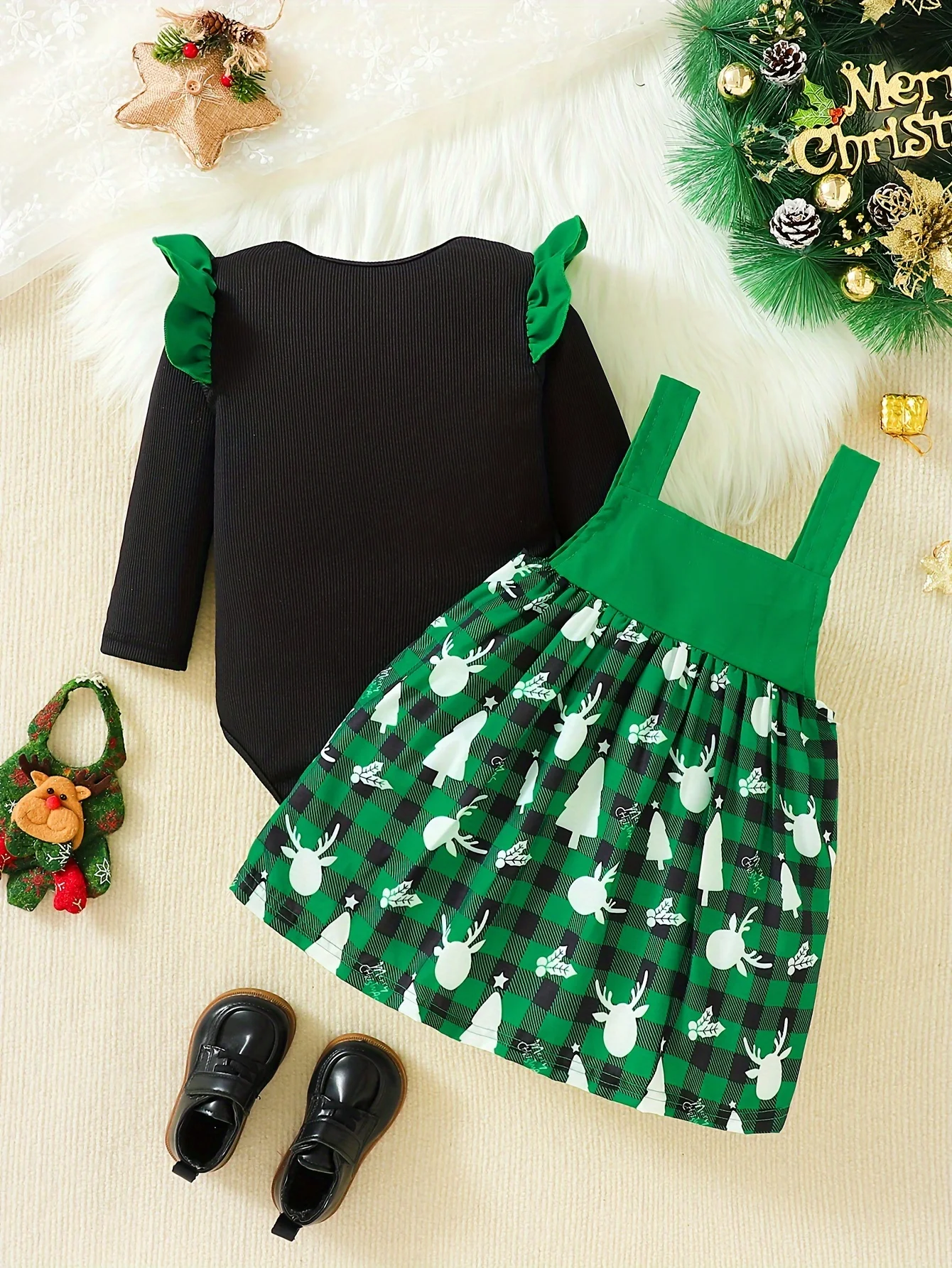 

Baby Girl's Christmas Suspender Skirt Suit with Small Flying Sleeves Woven Fabric Autumn and Winter Long-Sleeved Two-Piece Set