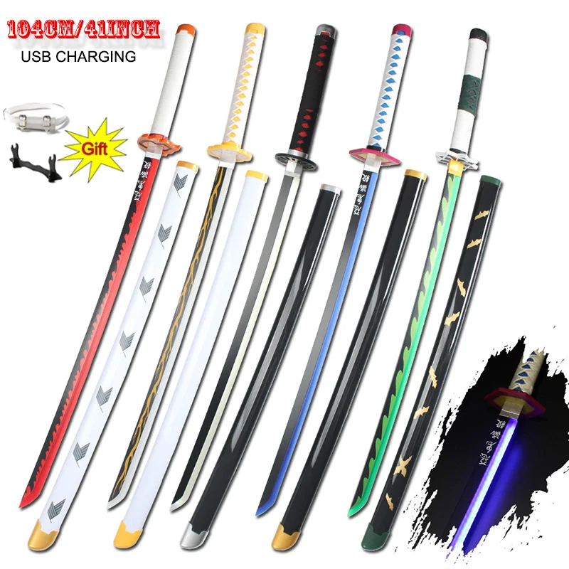 Led Katana 104cm/41" Giyuu Cosplay Weapons Props Toy Sword Kimetsu No Yaiba Tanjiro With A Sword Holder
