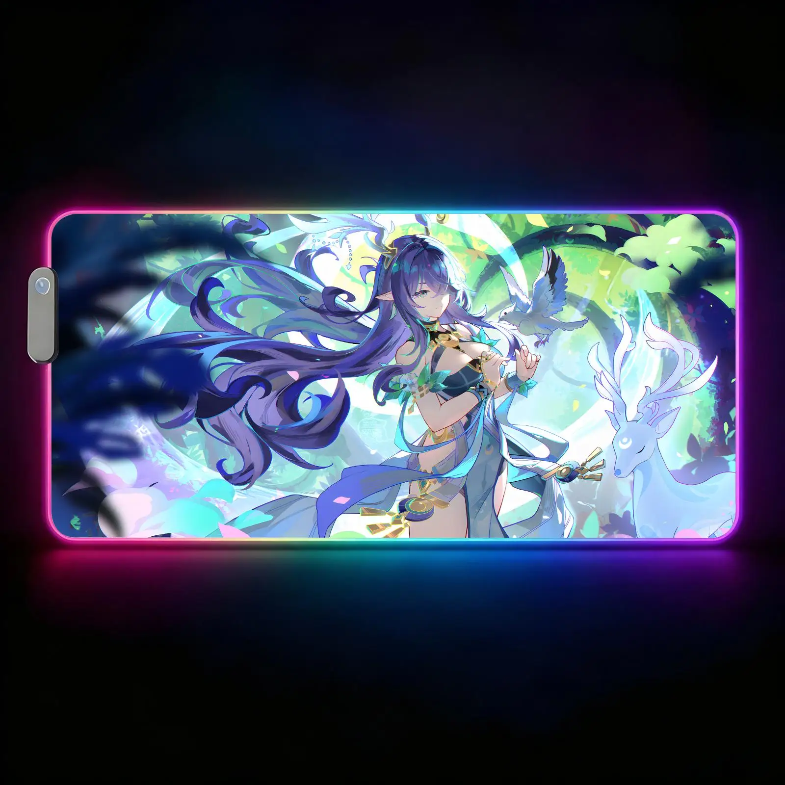 Large RGB backlit esports gaming mouse pad, Genshin Impact Lauma smooth soft cloth surface, LED luminous extended desk mat