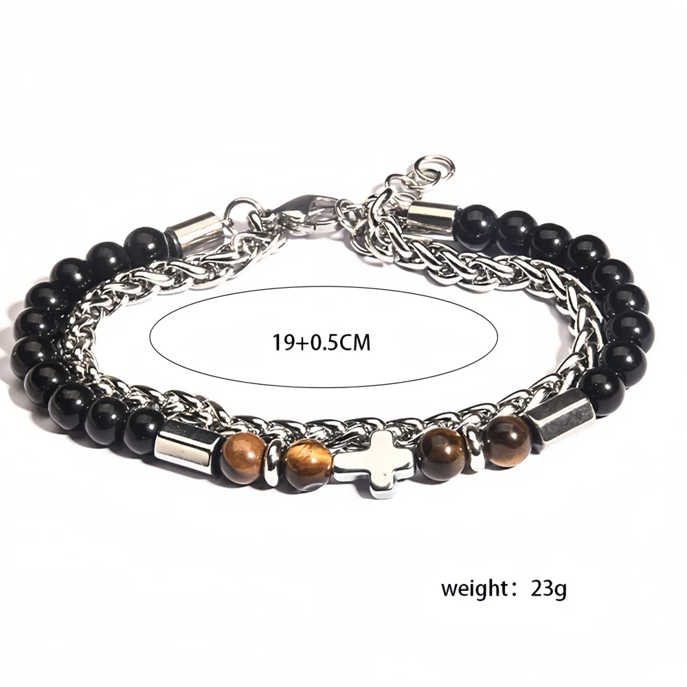 Böhmisches braunes Perlenkreuz-Mehrschicht-Armband, Retro-Silberfarbenes Edelstahl-Armband für Männer, modischer Schmuck für Frauen. – Detail 5