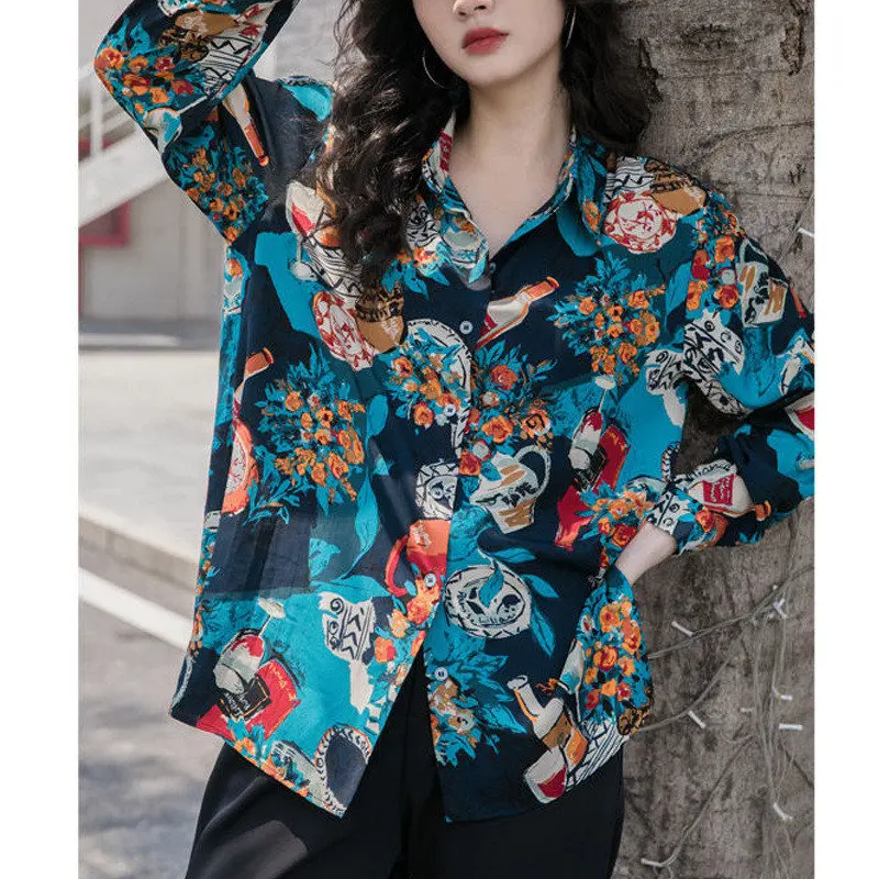 Blusa holgada informal de manga larga con botones para mujer, ropa de calle elegante con estampado Vintage Harajuku Y2K, primavera y otoño, 2023