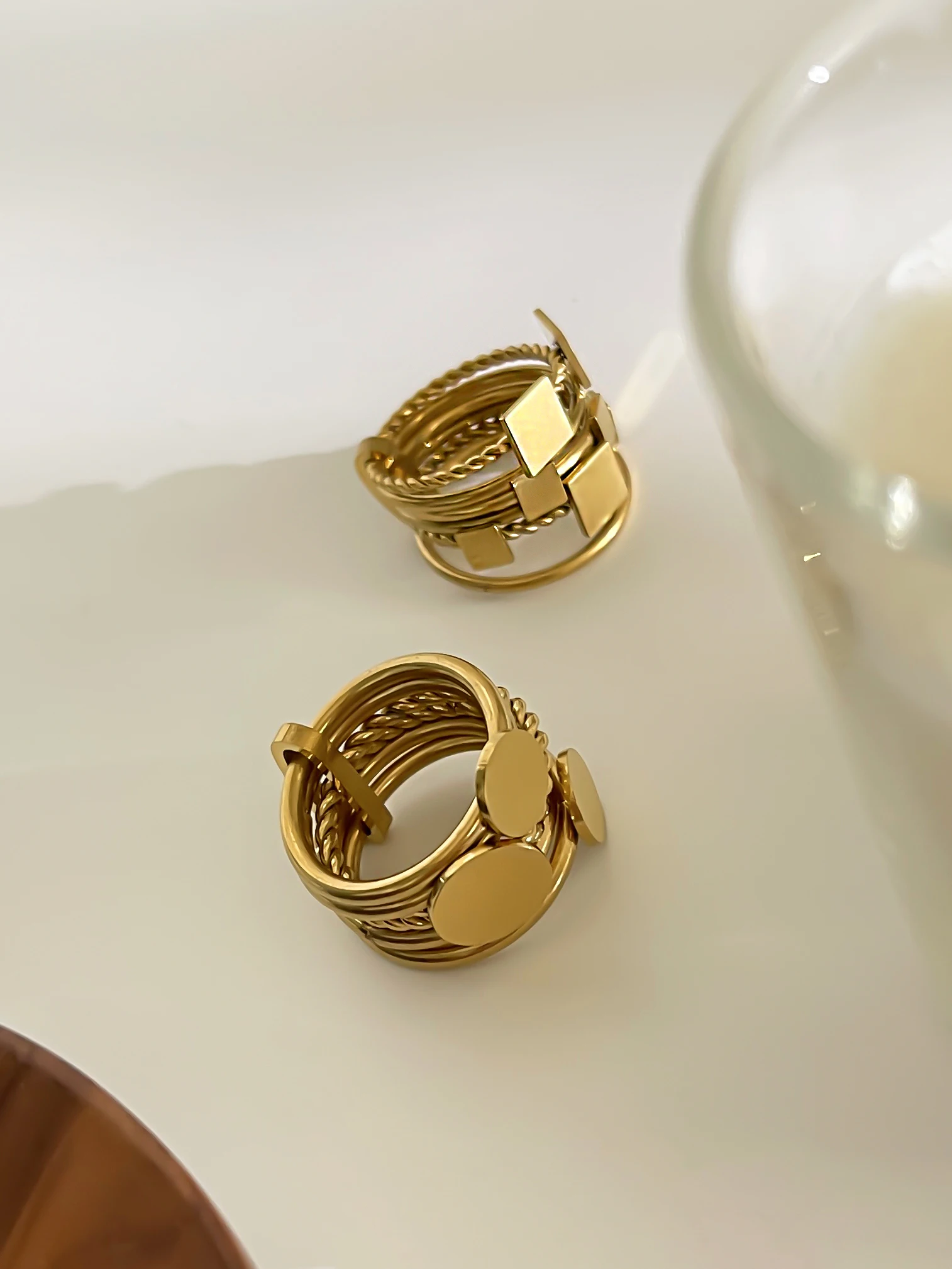 Peri\'sBox Detachable 6pcs Gold Plated Geometric Round Square Finger Rings for Women Men Unique Stainless Steel Stackable Jewelry