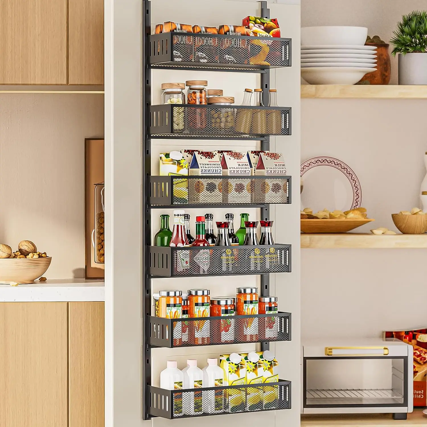 

6-уровневый органайзер для хранения над дверью с сетчатыми корзинами, регулируемая и устойчивая подвесная полка для специй для кухни, ванной комнаты, спальни
