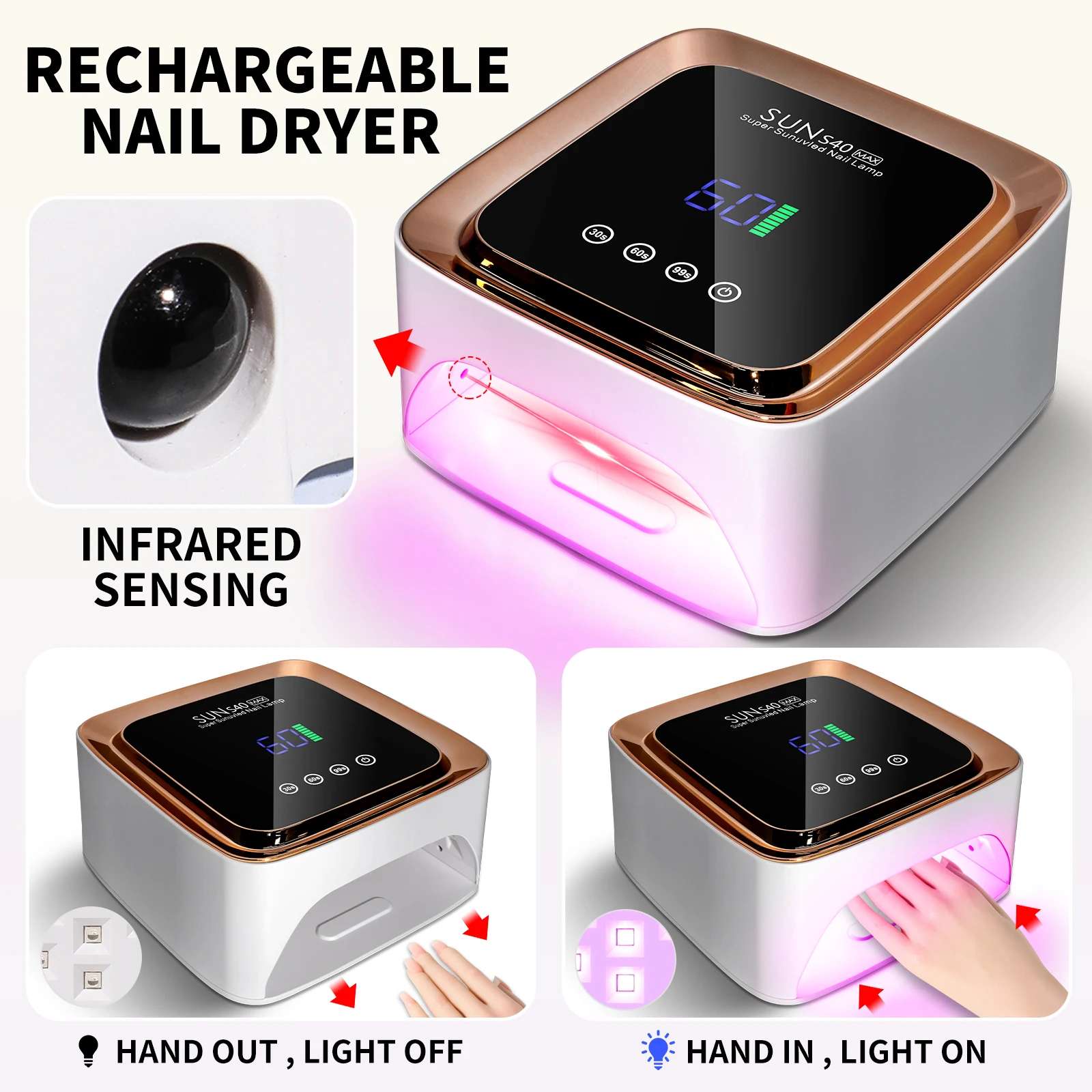 57 UV LEDネイルランプ 充電式ジェルネイルドライヤー タイマー付き 自動センサー LCDディスプレイ 大画面 マニキュアライトツール