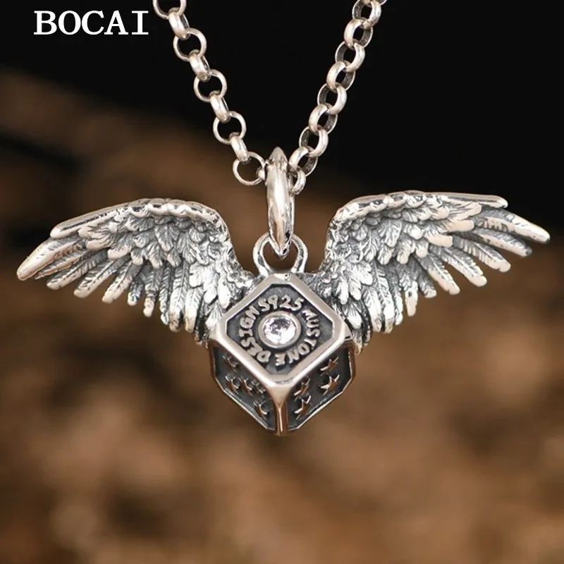 BOCAI New S925 Silver Retro Personalized Hip Hop Style Eagle Wings Dice Pendant Gift for Men and Women