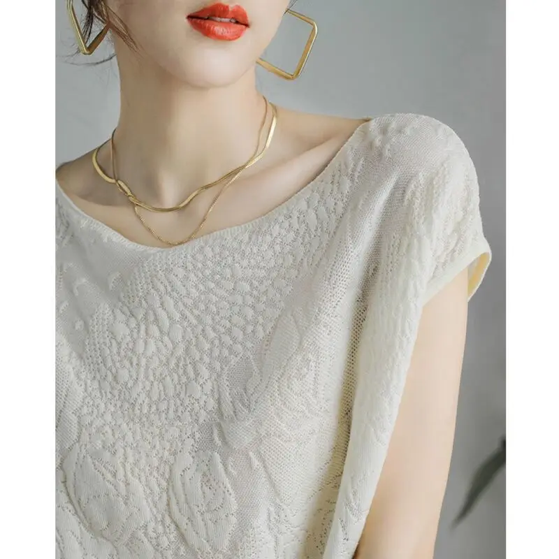 ฤดูร้อนผู้หญิงแขนสั้น Hollow Out Femaleice ผ้าไหมถักใหม่สบายๆ Topsfashion Basic Solid เสื้อผ้า Z283