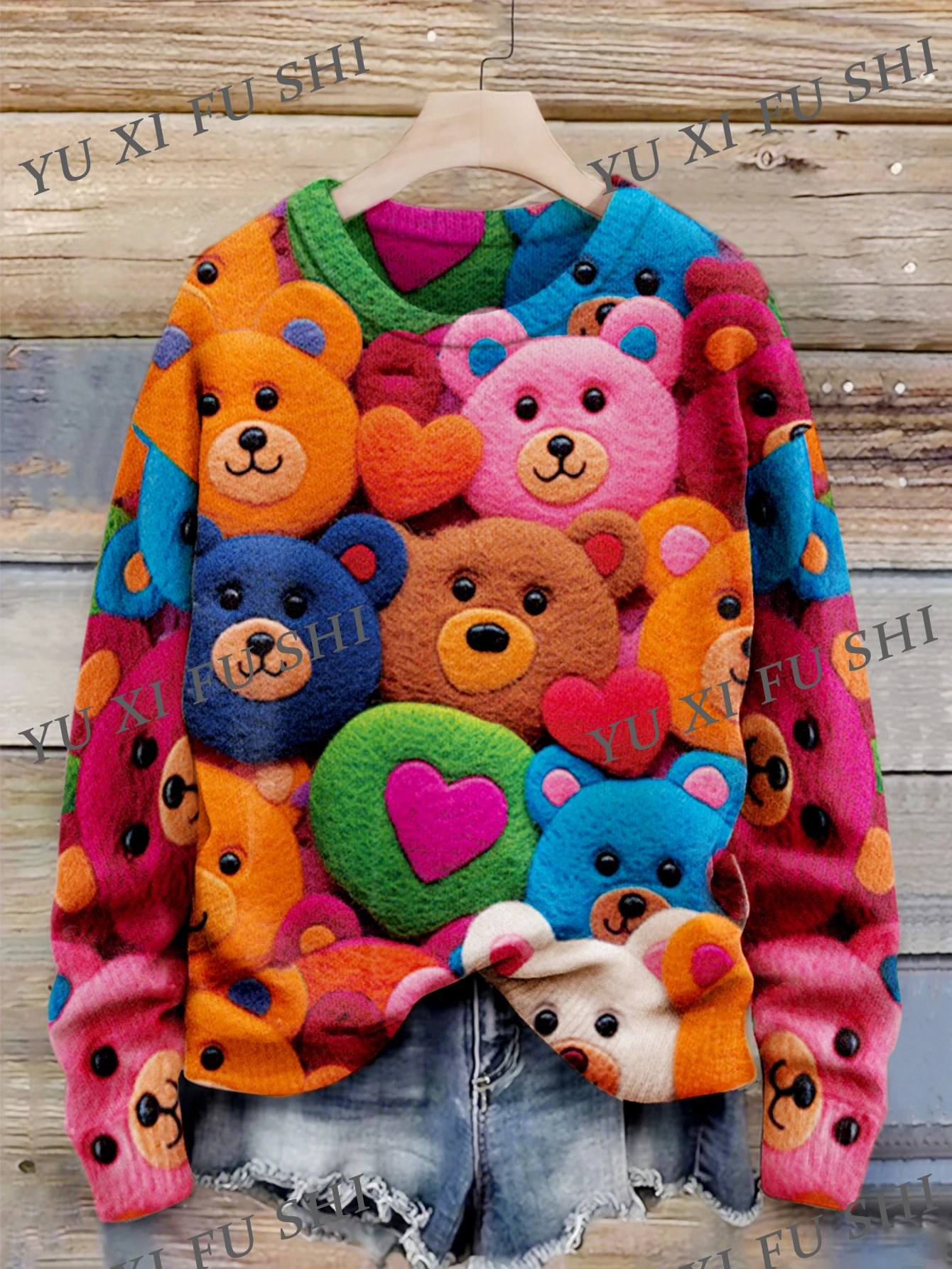 

Digital Printing Bear Pattern Women Sweater 2025 Colorful Autumn Winter Lady Casual Top Knitwear Round Neck Long Sleeve Pullover
