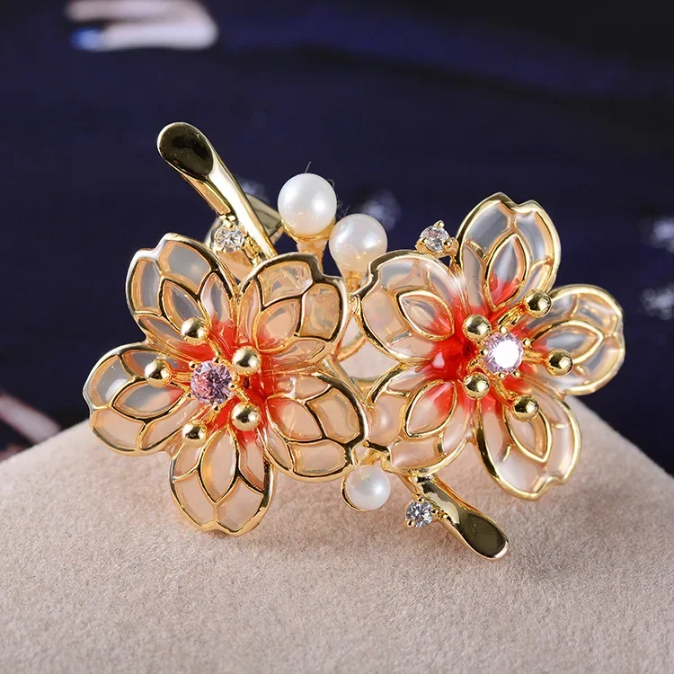 Blucome Red Plum Blossom Flowers Weddings Party Brooches For Women Exquisite Brand Cubic Zircon Copper Brooch Hijab Pins Gifts