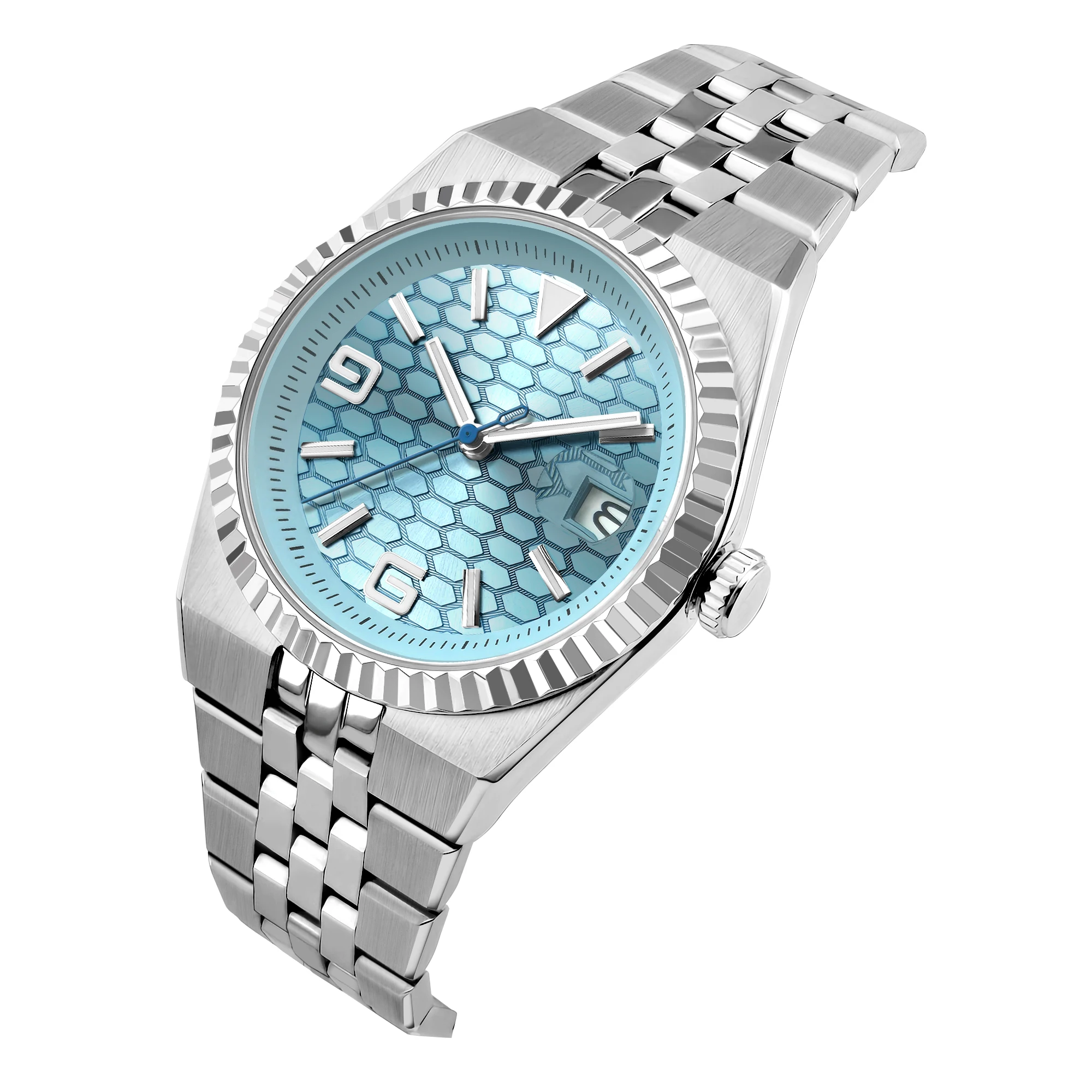 40 مللي متر الرجال مخصص ميوتا NH35 التلقائي Iceblue الأبيض الميكانيكية relogio masculino الياقوت الزجاج مضيئة مقاوم للماء ساعة اليد