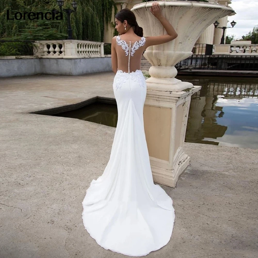 ที่กําหนดเอง Elegant Mermaid ชุดแต่งงานลูกไม้ V คอ Appliques ประดับด้วยลูกปัดชีฟองชุดเจ้าสาวชุดเจ้าสาว Vestido De Noiva YMW188