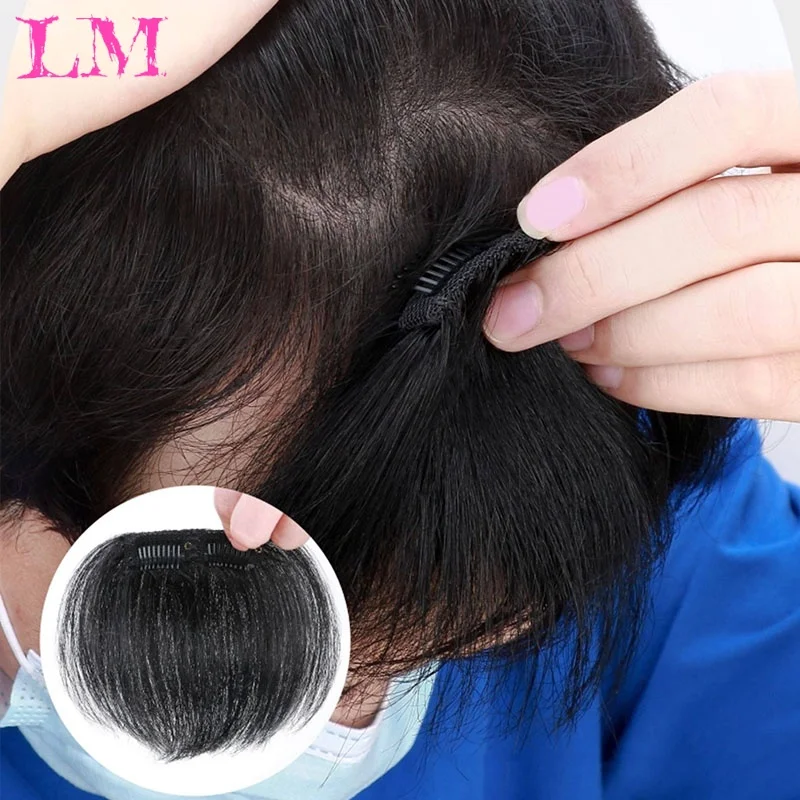 LM Synthetic Men Thin Air Bangs Clip On Hair Fringe Black Invisible Forehead Hair Patch Topper for Boys Daily Styling