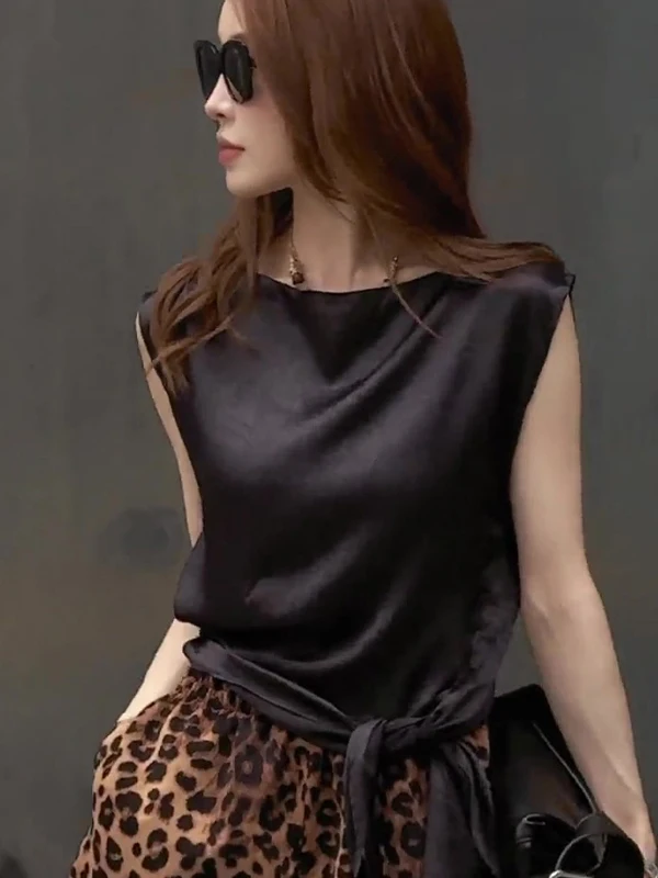 

Женский летний модный топ Gtuq Korean Sle round Ne Svel Vest, черный, роскошный, удобный, свободного кроя, для повседневной носки