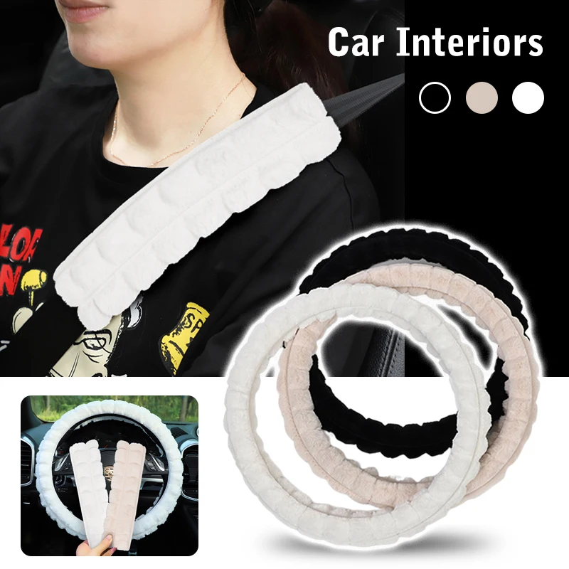 

Upgrade Soft Puff Lattice Plush Car Styling Seatbelt Cover Shoulder Pad Strap Harness Cushion Auto Steering Wheel Cover Interior