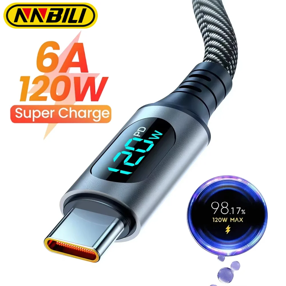 NNBILI ze stopu aluminium 6A 120W kabel USB A do typu C z wyświetlaczem cyfrowym 100W kabel PD C do C dla Xiaomi Macbook iPad