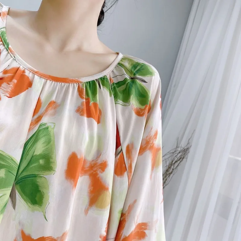 New Spring and Summer Cotton Silk Pajamas Women Round Neck Thin Summer Cool Moon Dress Silk Suit Big Size Beautiful Sleepwear