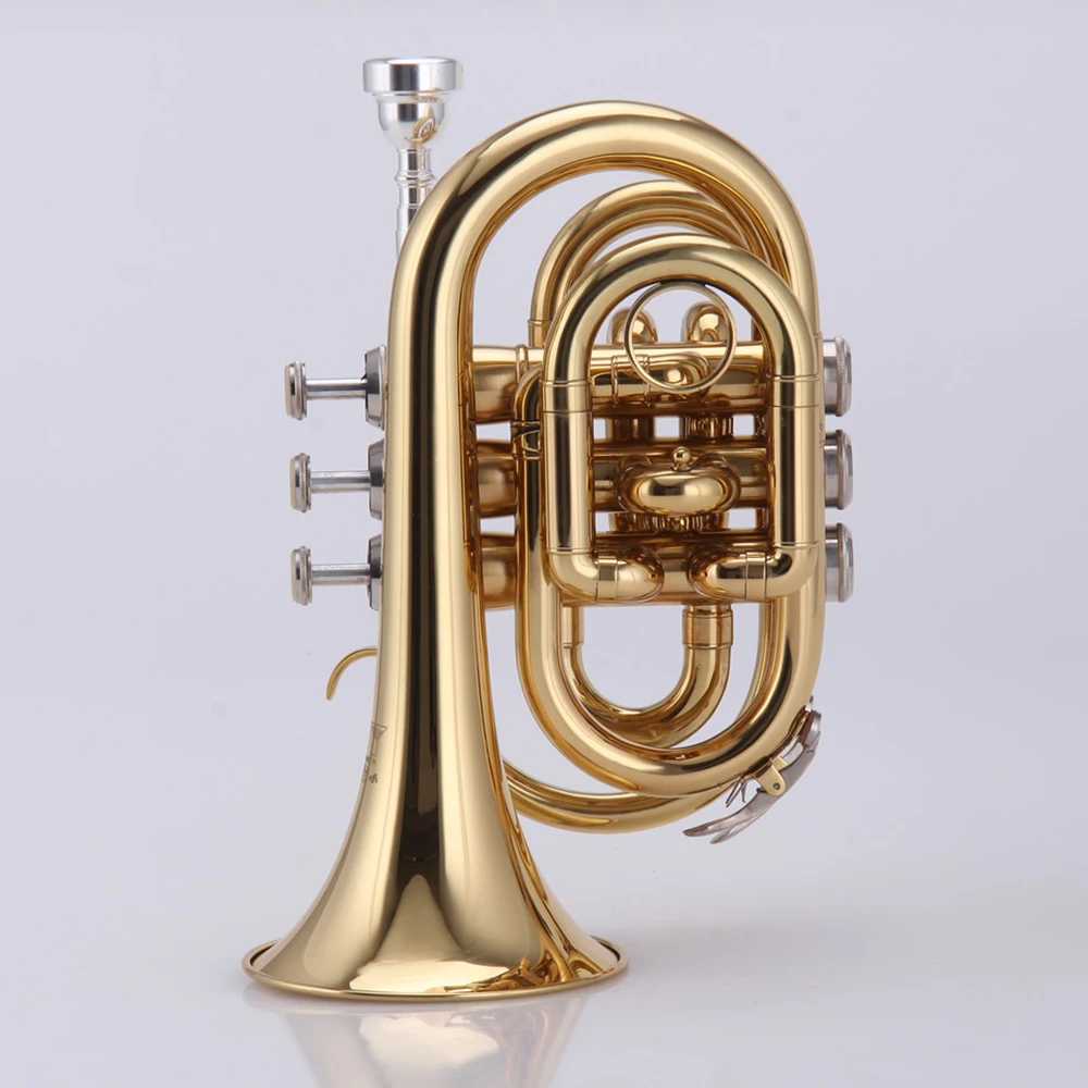 

High-end Pocket Trumpet Gold Brass Bb Gold Lacquer Mini Trumpet Musical Instrument with 7 C Mouthpiece