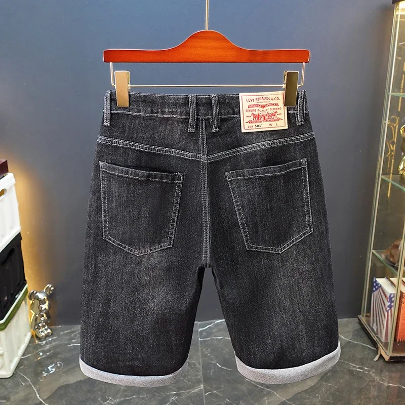 Pop ฤดูร้อนผู้ชายกางเกงยีนส์กางเกงขาสั้นปักแฟชั่นยืดตรง Slim ตรงสั้นกางเกงสบายๆกางเกงยีนส์ชาย Streetwear